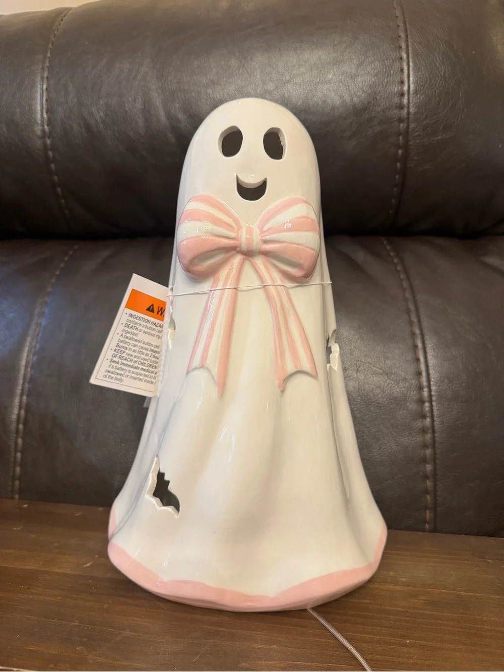 White Ghost Figurine with Pink Bow - Home Accent
